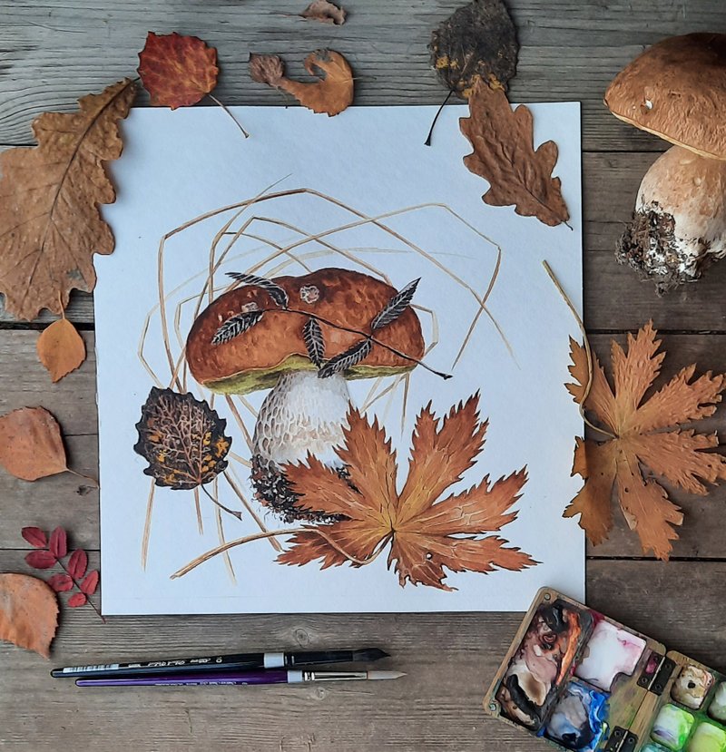 原创水彩画。水彩蘑菇 - 植栽/盆栽 - 纸 咖啡色