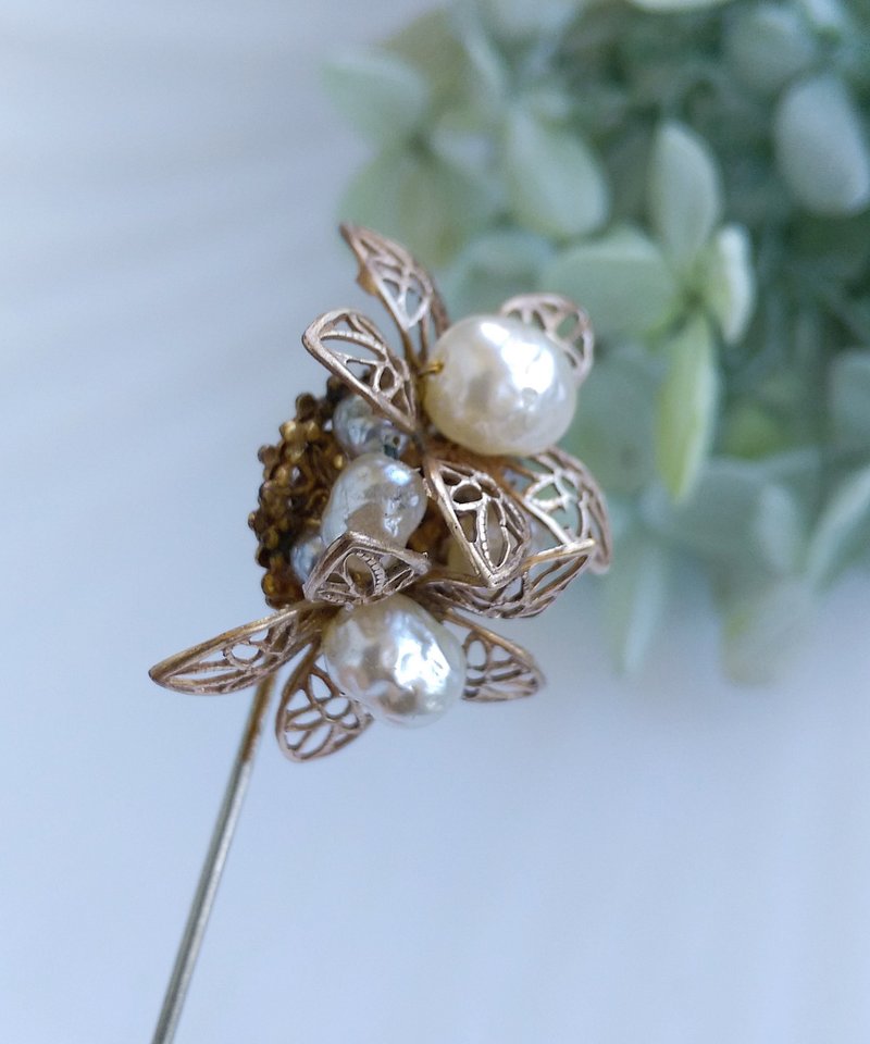 Vintage Jewelry 西洋古董饰品 无标记 Miriam Haskell 珠花 棒针 - 徽章/别针 - 其他金属 金色
