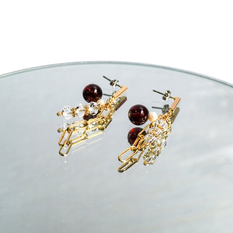 酒红 石榴石 淡水 珍珠 雅典娜 水晶 耳环 - 耳环/耳夹 - 水晶 红色