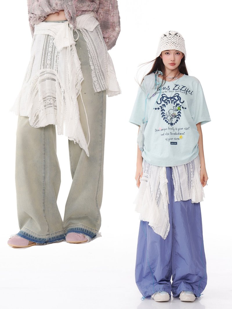 ziziFei美式复古设计感白色蕾丝不规则下摆一片式绑带叠穿屁帘女 - 裙子 - 其他材质 白色