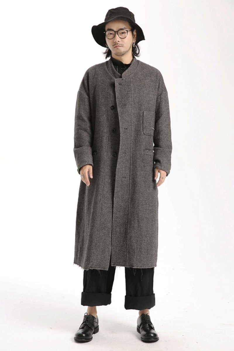 插肩中式麻毛长款长袍  - 男装外套 - 棉．麻 灰色