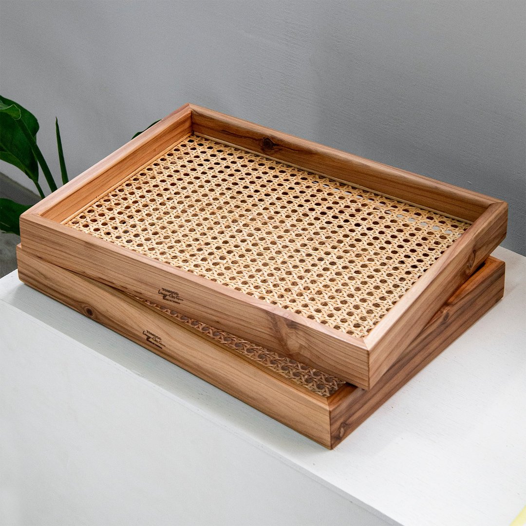 Tomood/ 土与木之间 手工实木方型藤编浅盘 收纳托盘 - 收纳用品 - 木头 卡其色