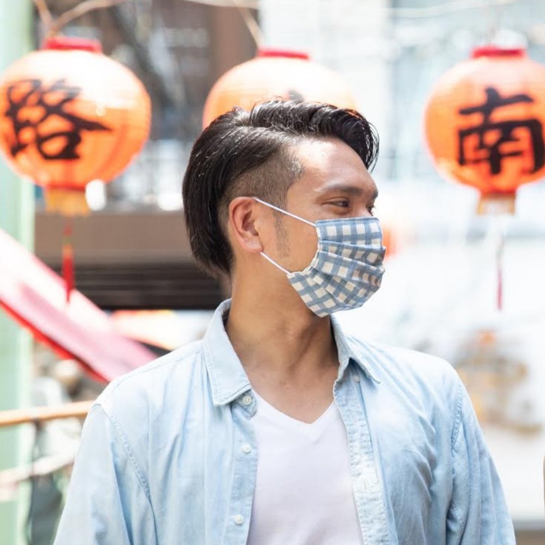 男性用 肌肤友好的纱布口罩 自然色调的格子纹 - 口罩 - 棉 蓝色