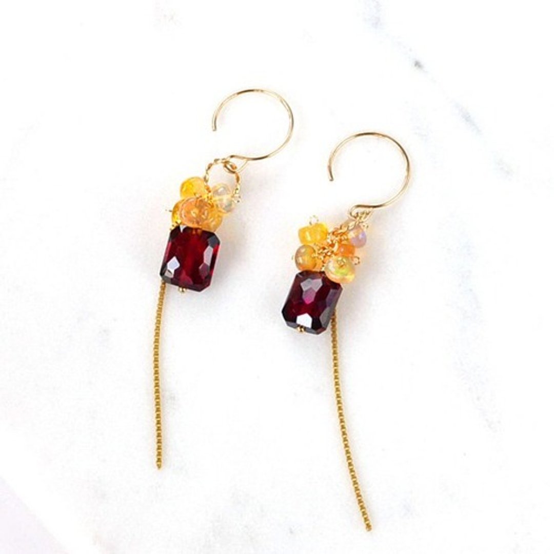 14kgf/Red Garnet Faceted Octagon x Precious Opal Earrings - 耳环/耳夹 - 宝石 