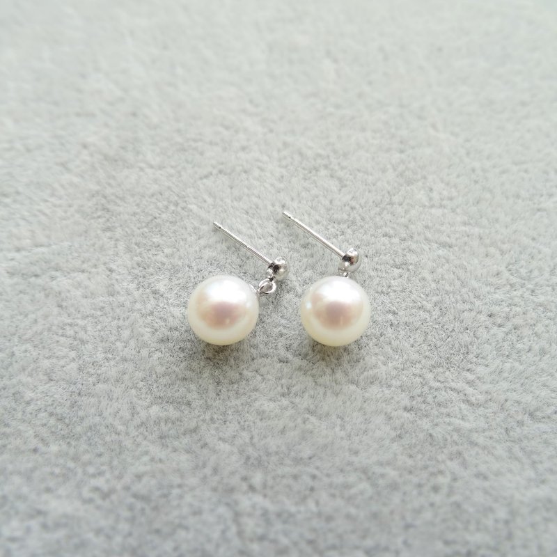 日本纯 14K 白金顶级淡水珍珠小垂坠耳环 6.5-7mm - 耳环/耳夹 - 珍珠 白色