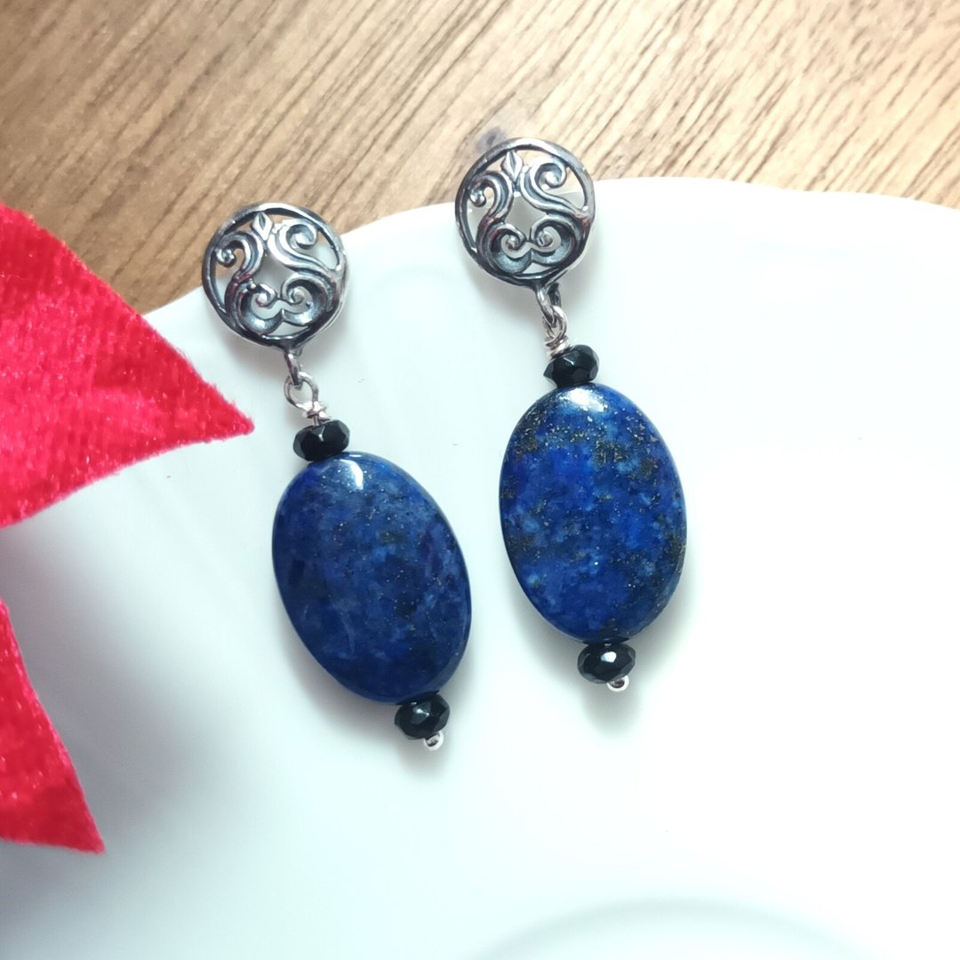 纯银设计耳环 青金石 + 黑玛瑙 +925 银 (耳针) - 耳环/耳夹 - 石头 蓝色