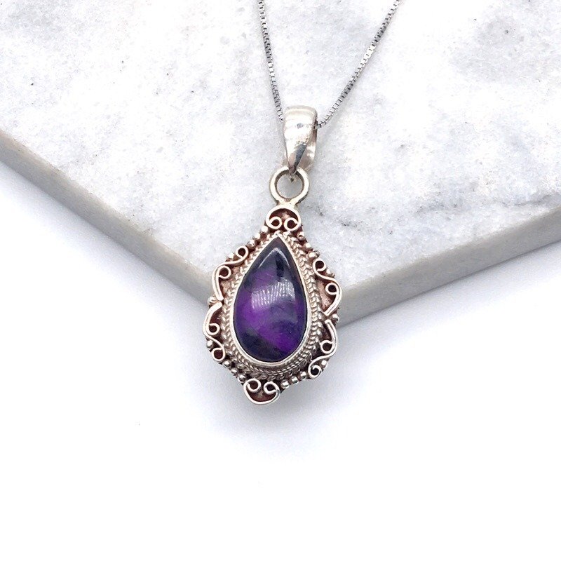舒俱徕石925纯银典雅银雕项链 尼泊尔手工镶嵌制作 - 项链 - 宝石 紫色