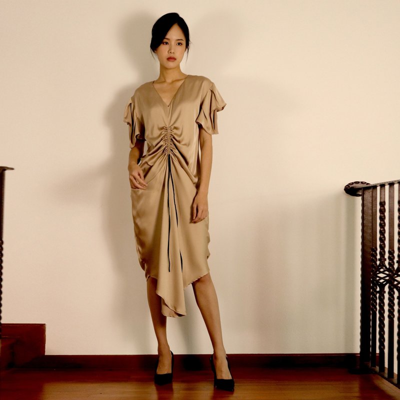 絲感 縮褶直身波浪 連衣裙 連身裙 立體剪裁 洋裝 晚裝 約會 晚宴 - 晚装/礼服 - 其他材质 卡其色