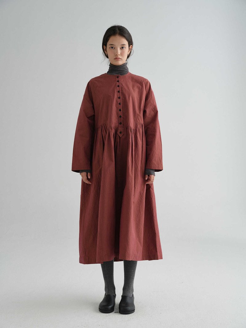 色织匹马棉光泽感秋冬枣红长袖连衣裙洋装 - 洋装/连衣裙 - 棉．麻 多色