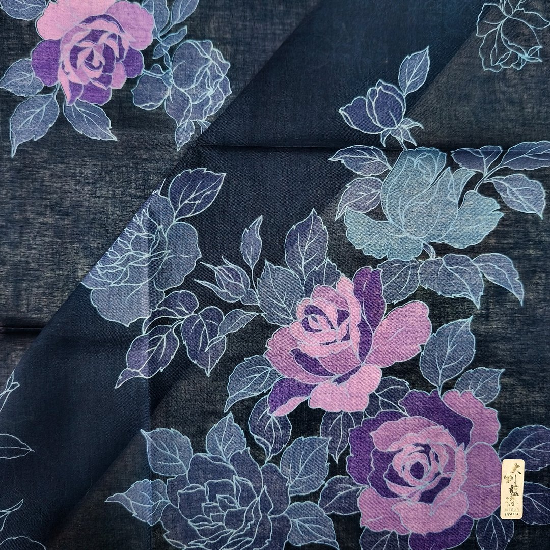 复古日本手帕 – 单色玫瑰（靛蓝与薰衣草紫）21 x 21 英寸 - 手帕/方巾 - 棉 蓝色