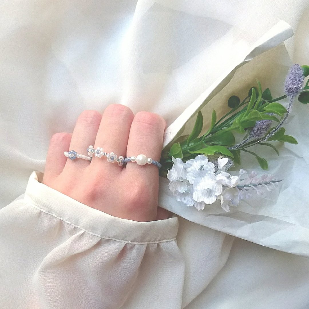 3-piece set beads ring set Bead ring set No.03 - 戒指 - 玻璃 蓝色