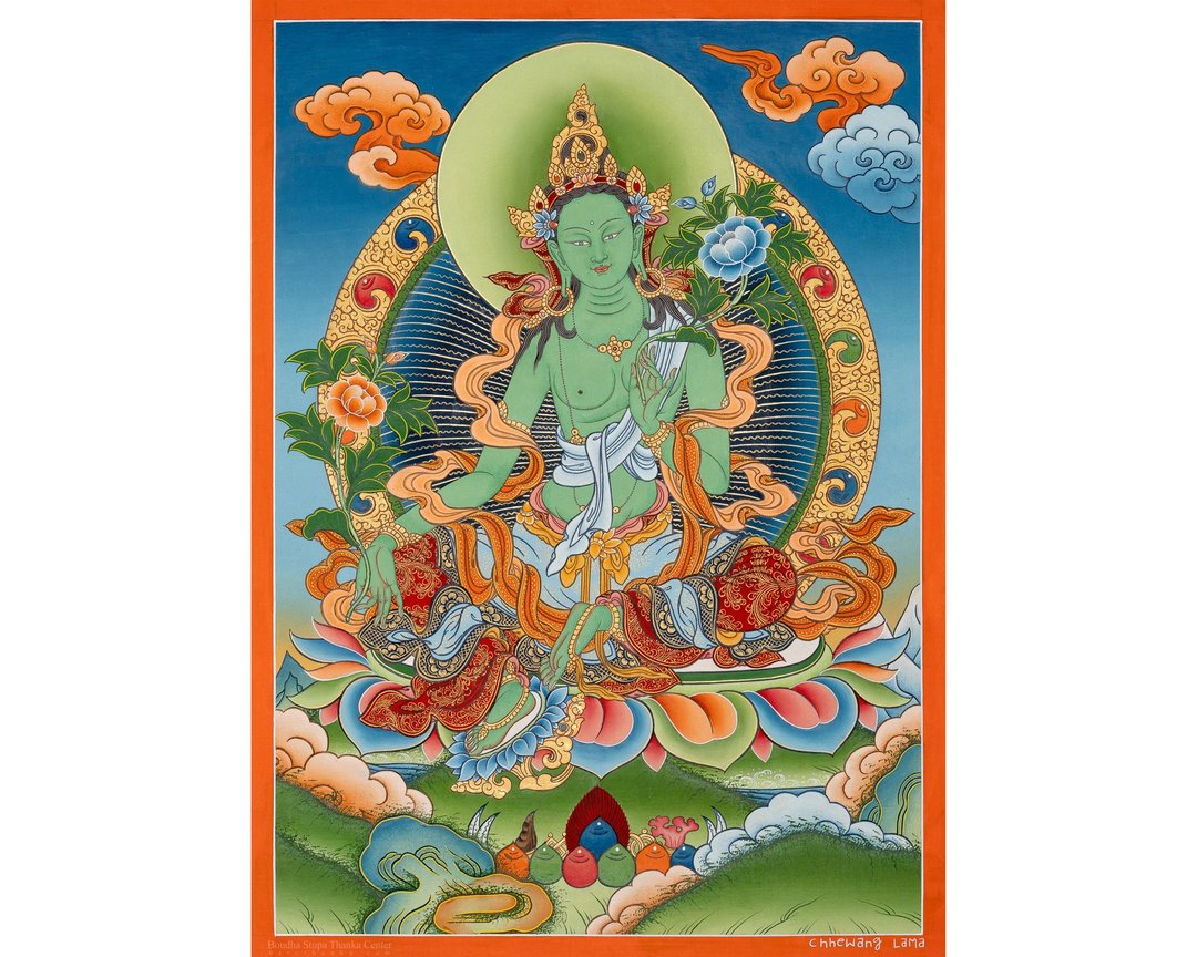 传统绿度母唐卡画 | 慈悲女神 - 墙贴/壁贴 - 其他材质 多色