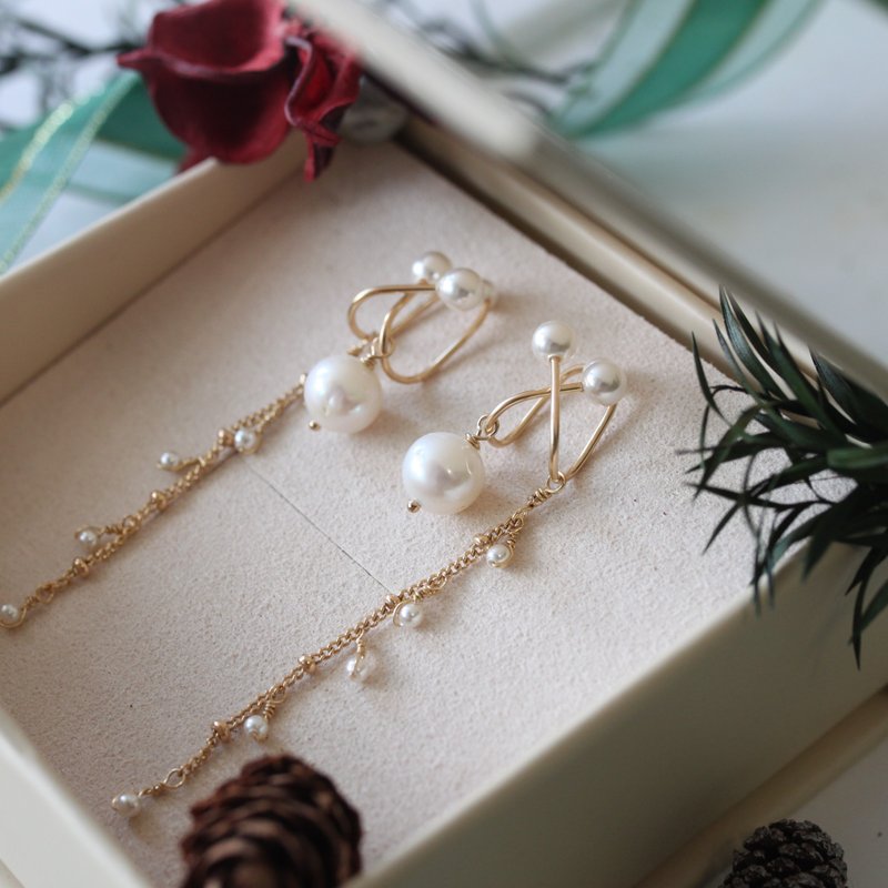 【礼物】光影14KGF天然白珍珠耳环耳针耳夹共用款 - 耳环/耳夹 - 珍珠 白色