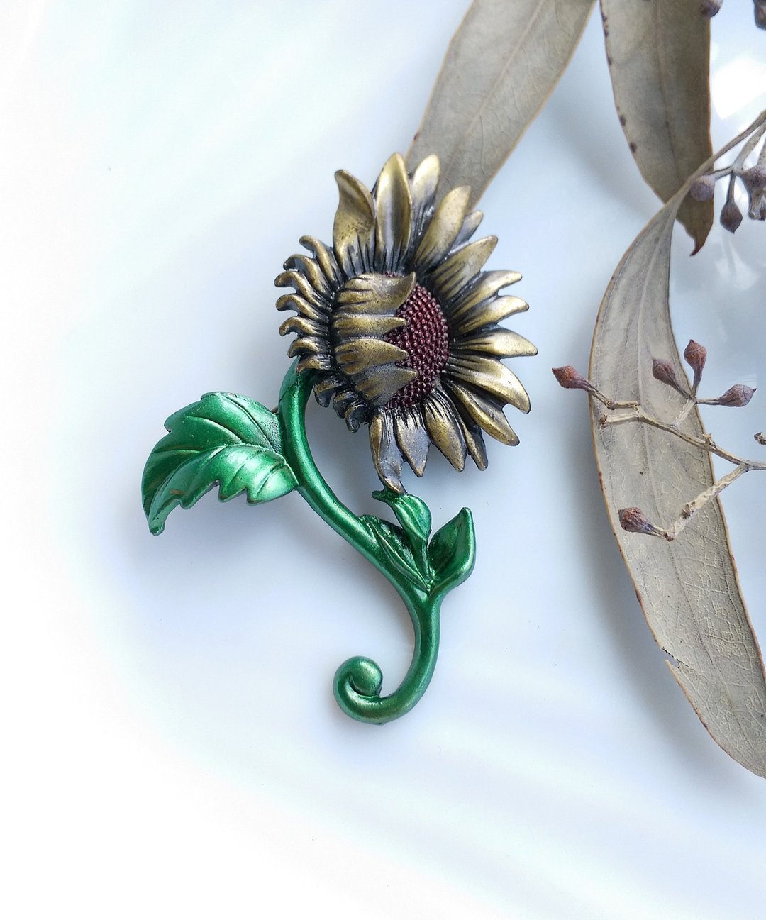 Vintage Jewelry 西洋古董饰品 复古艺术 DD 向日葵花朵 别针 - 徽章/别针 - 其他金属 绿色
