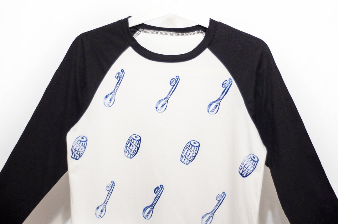 女装纯棉长袖棒球装上衣 黑白撞色印花T-shirt-西塔琴 打鼓 乐器 - 女装上衣 - 其他材质 多色