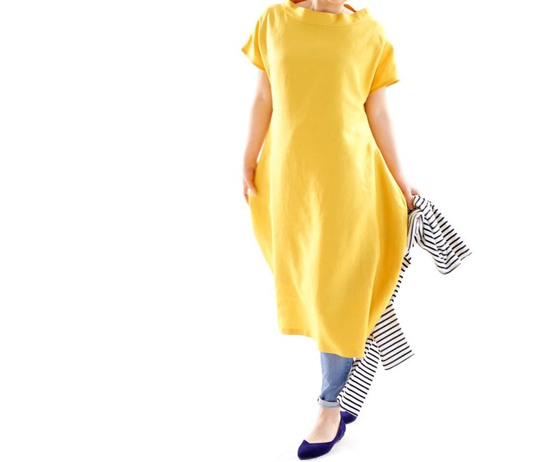 linen / linen dress / midi dress / loose fitted dress / unique style / a41-57 - 洋装/连衣裙 - 棉．麻 黄色