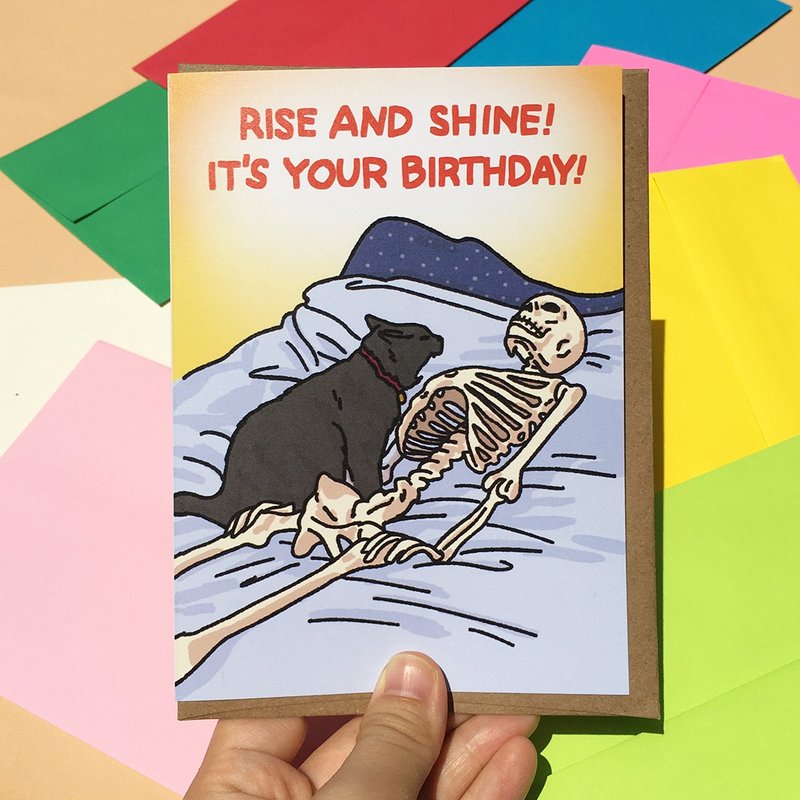 生日卡 ｜ 趣味猫咪迷因 Rise and Shine It's Your Birthday Cat Card - 卡片/明信片 - 纸 
