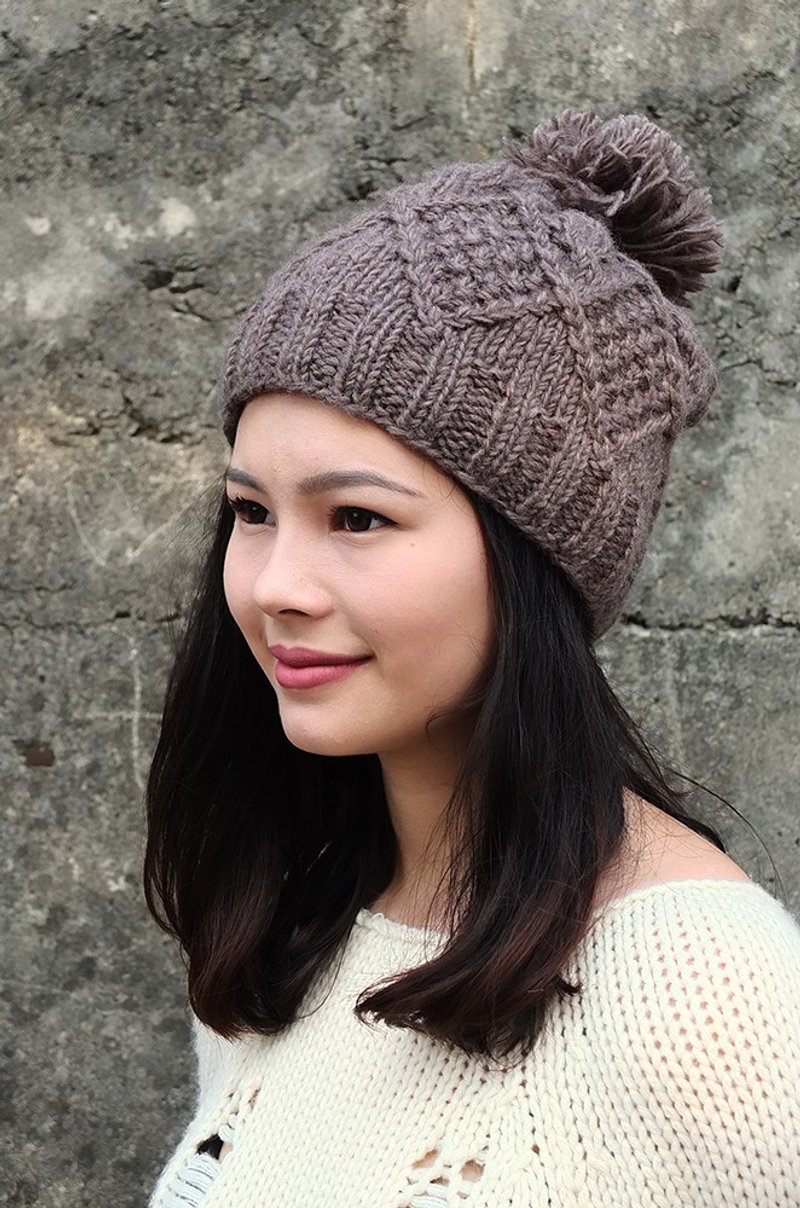 【乐拍子】纯羊毛手编毛帽Hand-made in Nepal立体编织_灰褐 - 帽子 - 羊毛 灰色