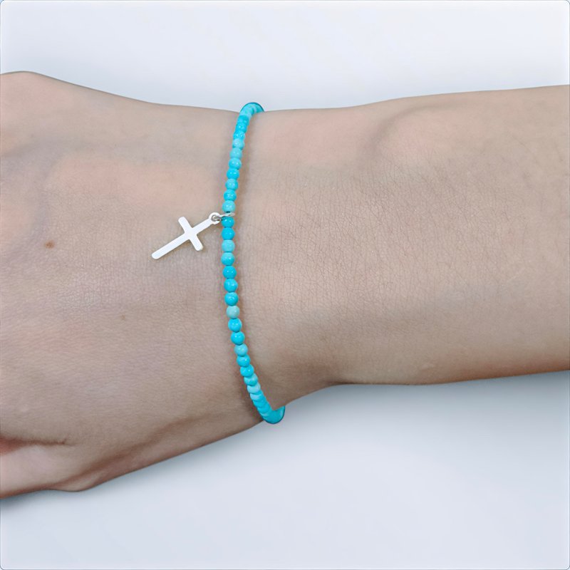 925纯银十字架 绿松石 极细手链/信仰/基督教礼品/礼物/冷淡风 - 手链/手环 - 纯银 