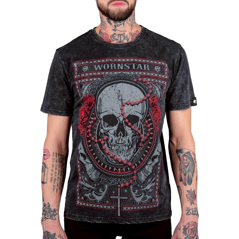 Hail 骷髅祈祷链摇滚T恤 - 男装上衣/T 恤 - 棉．麻 灰色