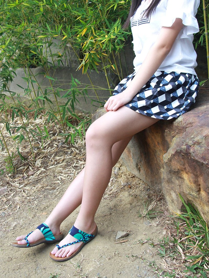 【热带风情  翡冷翠】民族风拇指夹脚/弹力布料编织/真皮气垫凉鞋 - 男女凉鞋 - 真皮 绿色