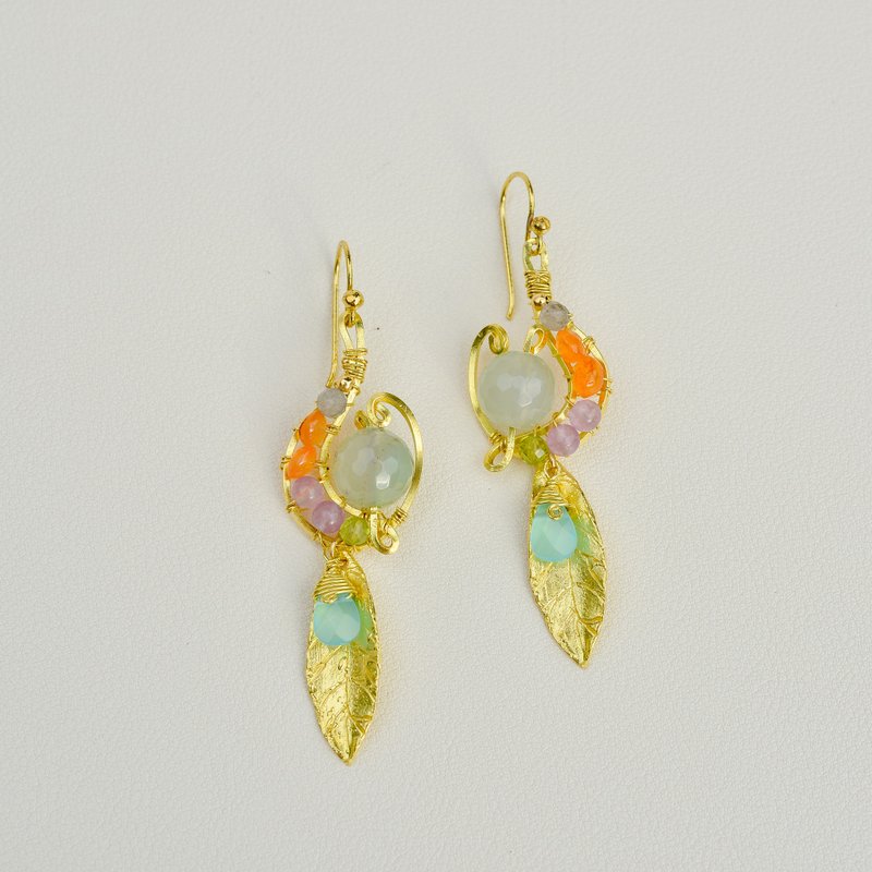 独特手工黄铜线耳环  配天然石饰 6 - 耳环/耳夹 - 铜/黄铜 金色