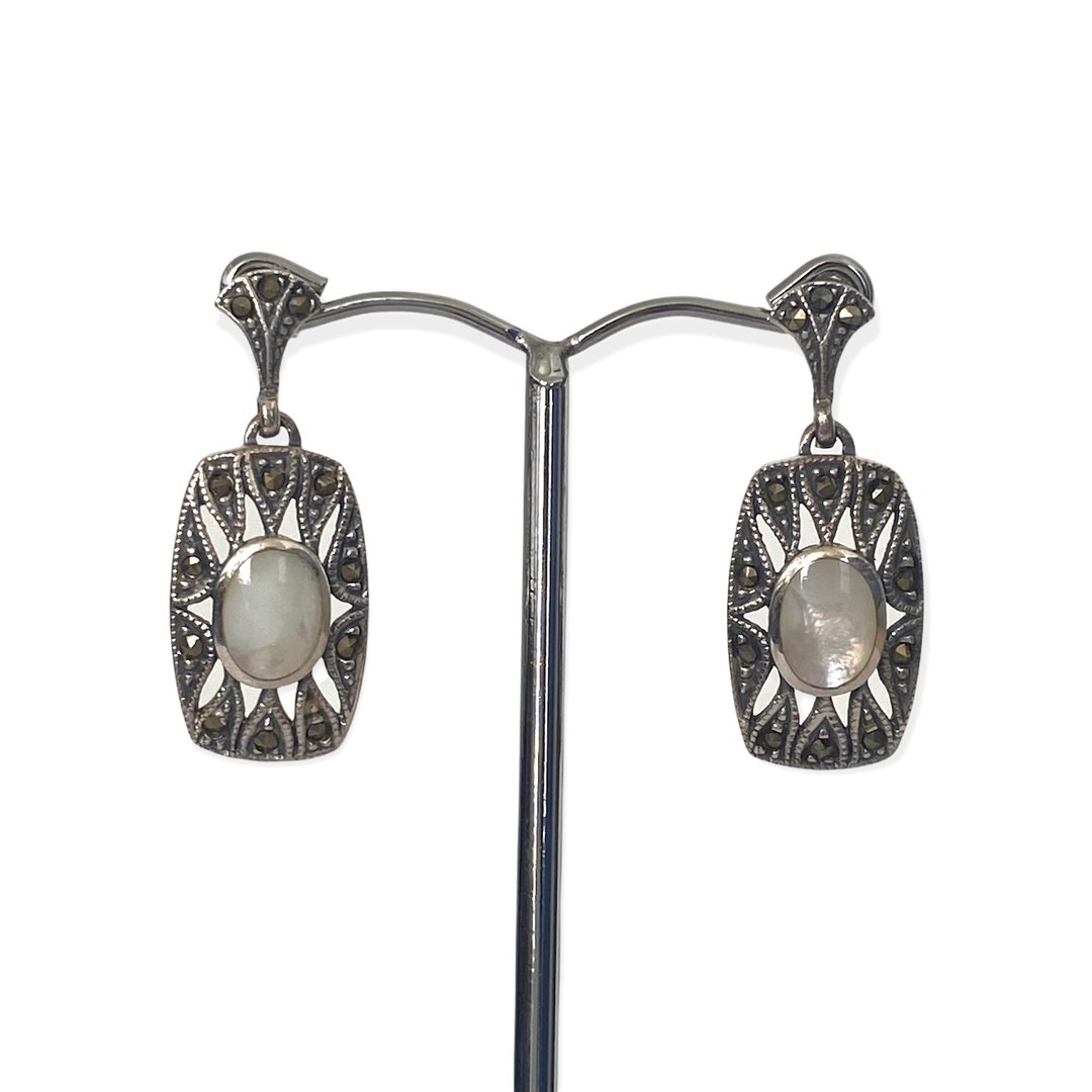 Art Deco Style Square Drop Earrings /  Set Mother of Pearl 925 Sterling Silver - 耳环/耳夹 - 纯银 白色