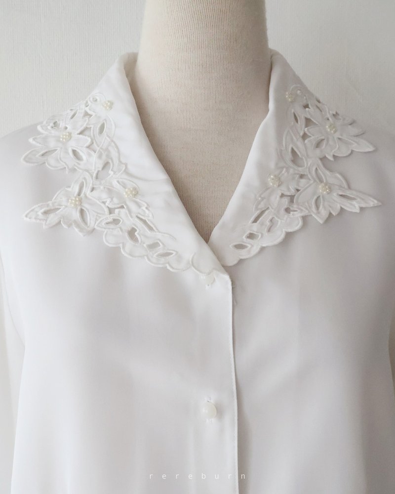 复古刺绣领宽松欧美版型长袖白色古着衬衫 - 女装衬衫 - 聚酯纤维 白色