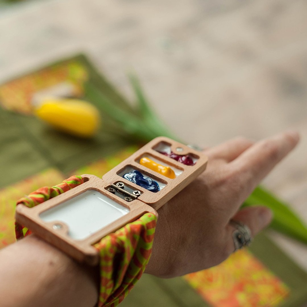The wrist palette 3 wells, portable wooden palette, tiny palette - 手链/手环 - 木头 咖啡色