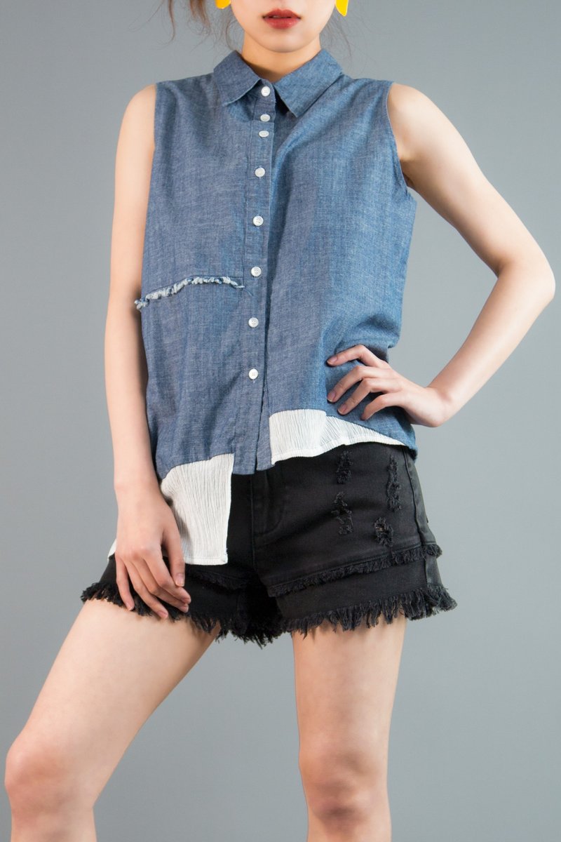 牛仔流苏拼接短裤 - 女装长裤 - 棉．麻 黑色