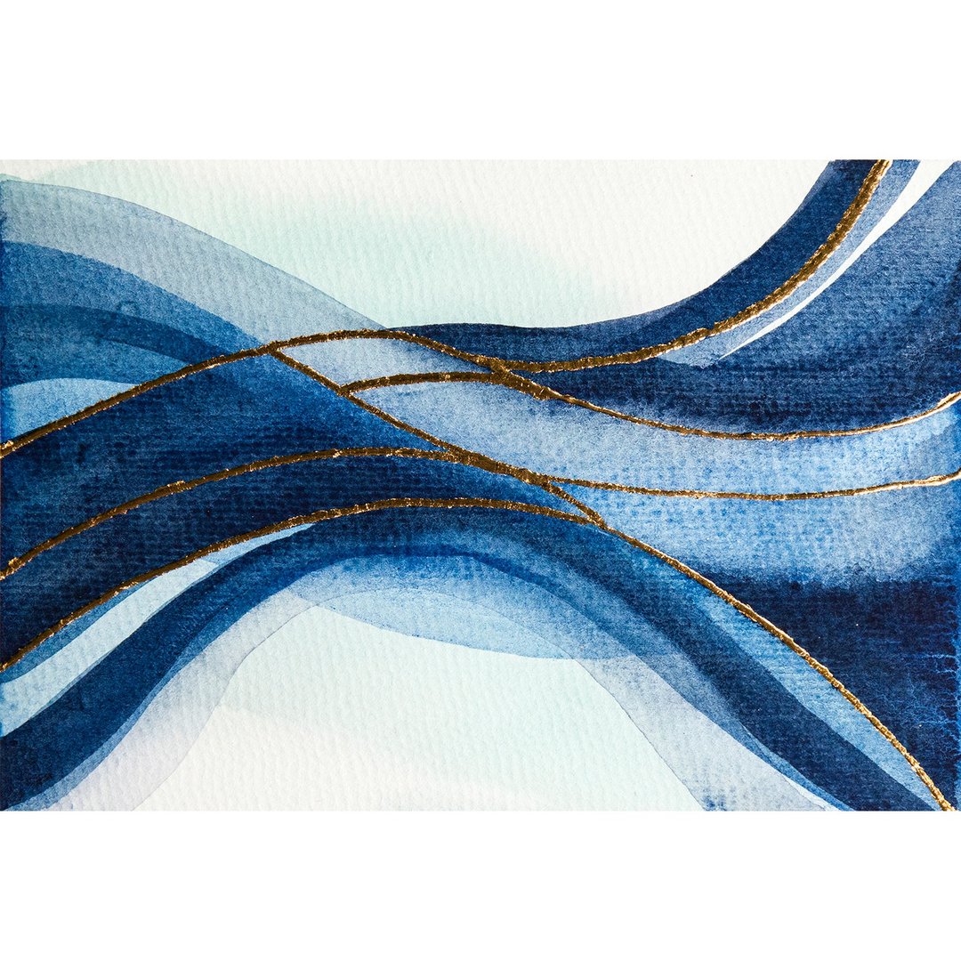 Abstract Watercolor Landscape Original Painting Indigo Blue Gold Wall Art - 海报/装饰画/版画 - 纸 蓝色