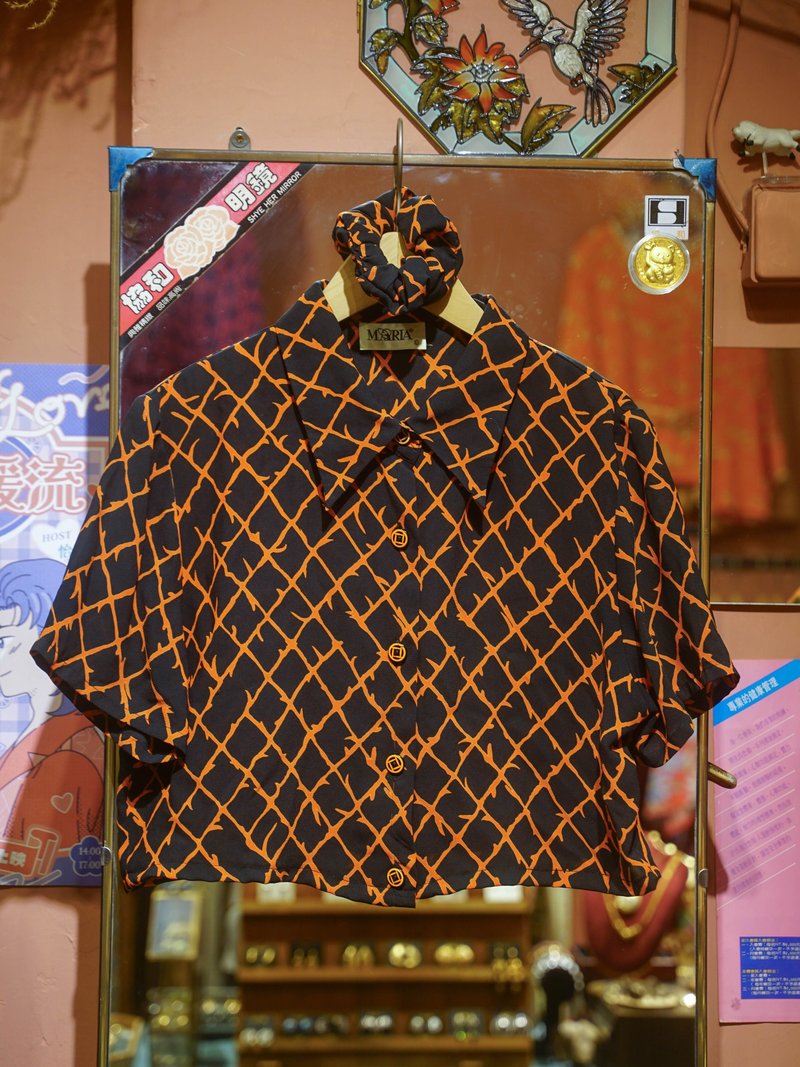 纯情百货行 Vintage 改制 古着短版上衣  LS037 黑棘菱格衬衫 - 女装衬衫 - 聚酯纤维 黑色