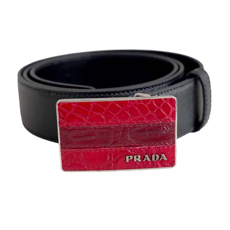 PRADA Ceinture en Cuir Noir avec Détails en Cuir de Crocodi - 皮带/腰带 - 真皮 黑色