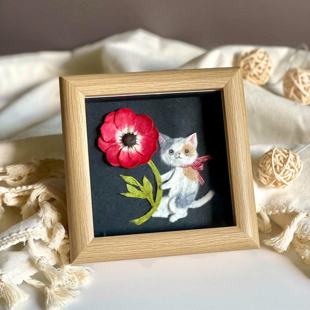 Pinkoi 代购 - [原画] 和纸撕画“春日花与猫”红色海葵与三花猫的小型室内艺术画 - 摆饰 - 纸 