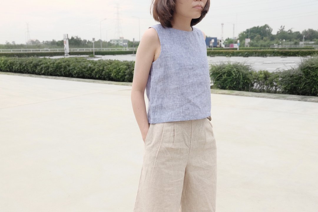 极简亚麻无袖上衣-蓝色 - 女装上衣 - 棉 蓝色