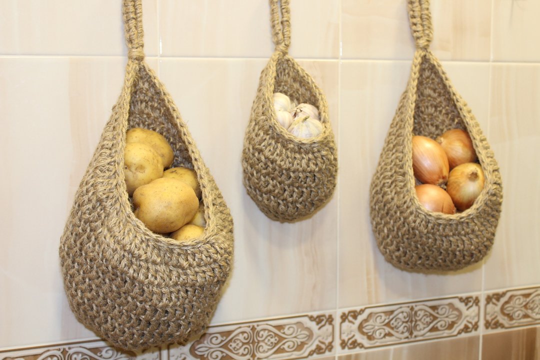 Large Set Hanging Baskets Wall Jute Basket Vegetable Wicker Basket Fruit Storage - 收纳用品 - 棉 金色
