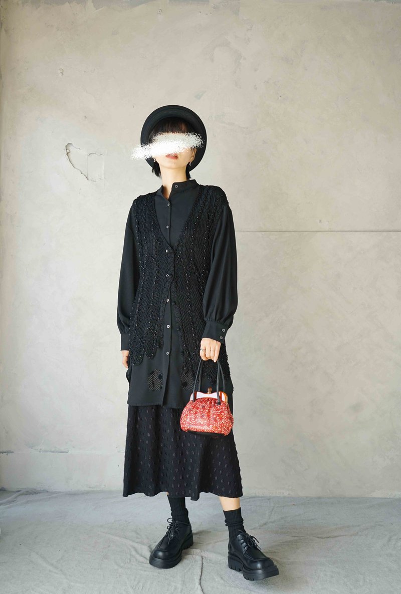 寻宝古着-黑色串珠篓空钩织古董背心 - 女装针织衫/毛衣 - 聚酯纤维 黑色