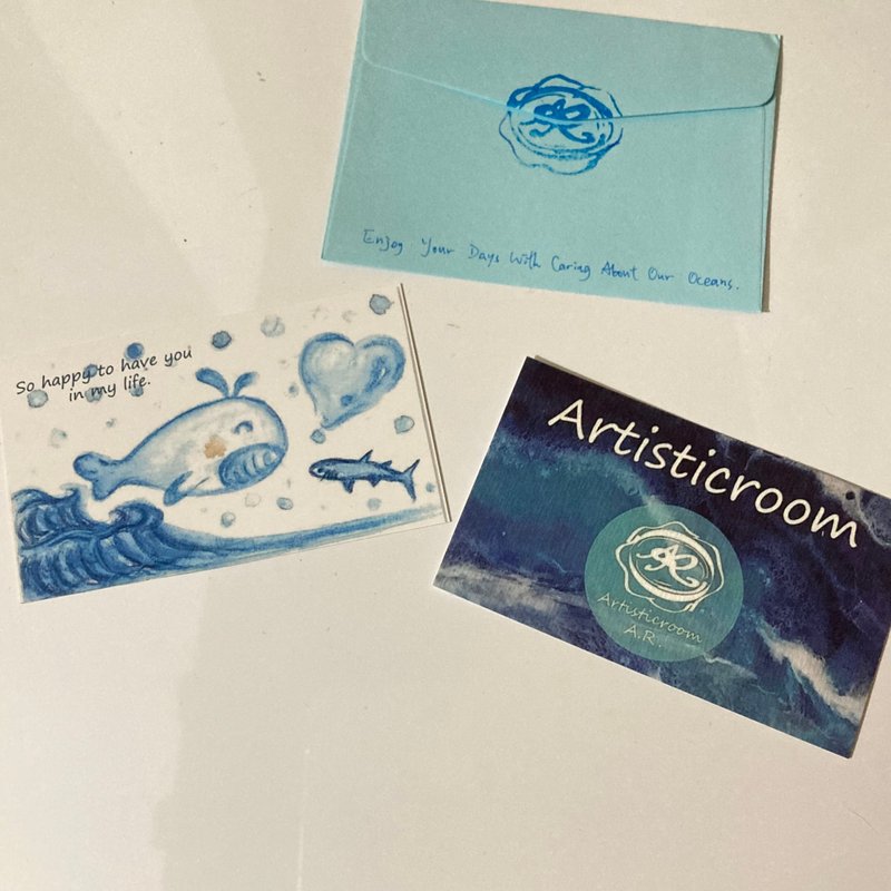 海洋心意卡连信封套 - 原创水彩画风 -  大肥鲸和小鲨鲨 - 卡片/明信片 - 其他材质 蓝色