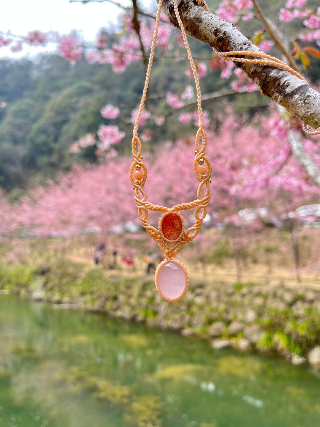 粉晶、太阳石  macrame 蜡线编织项链 - 手链/手环 - 宝石 粉红色