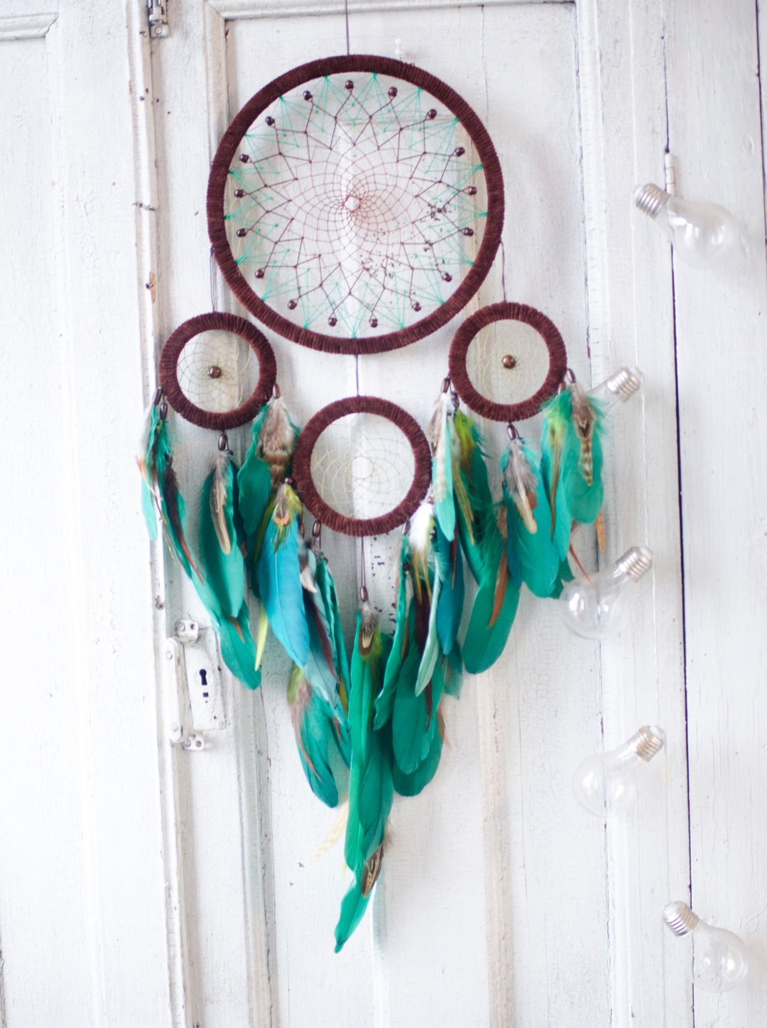 Large feather dreamcatcher | turquoise green dream catcher ตาข่ายดักฝันสีเขียว - 墙贴/壁贴 - 绣线 绿色