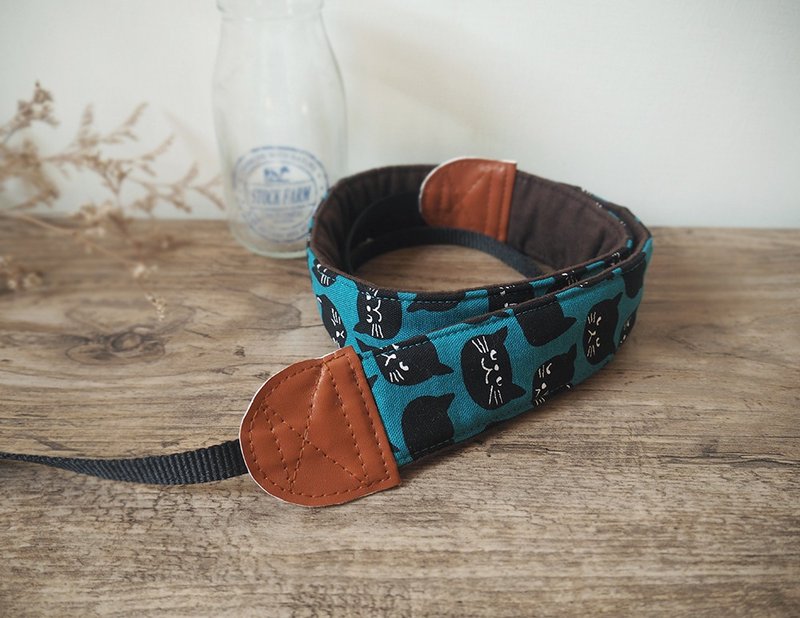 手作减压相机背带 相机背绳 手机带 (蓝绿底黑色猫咪) S63 - 手机配件 - 棉．麻 蓝色