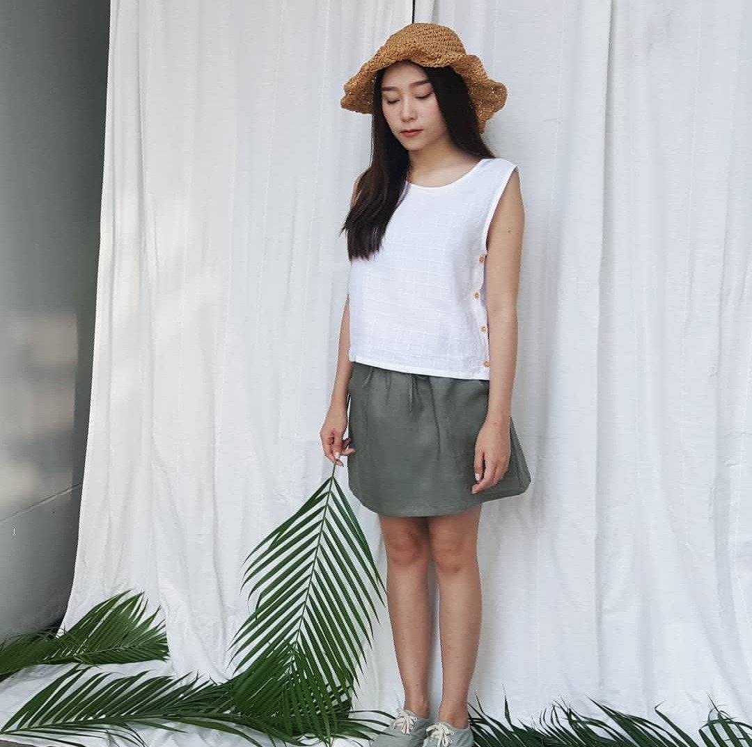 Linen Short Skirt - Olive - 裙子 - 棉 绿色