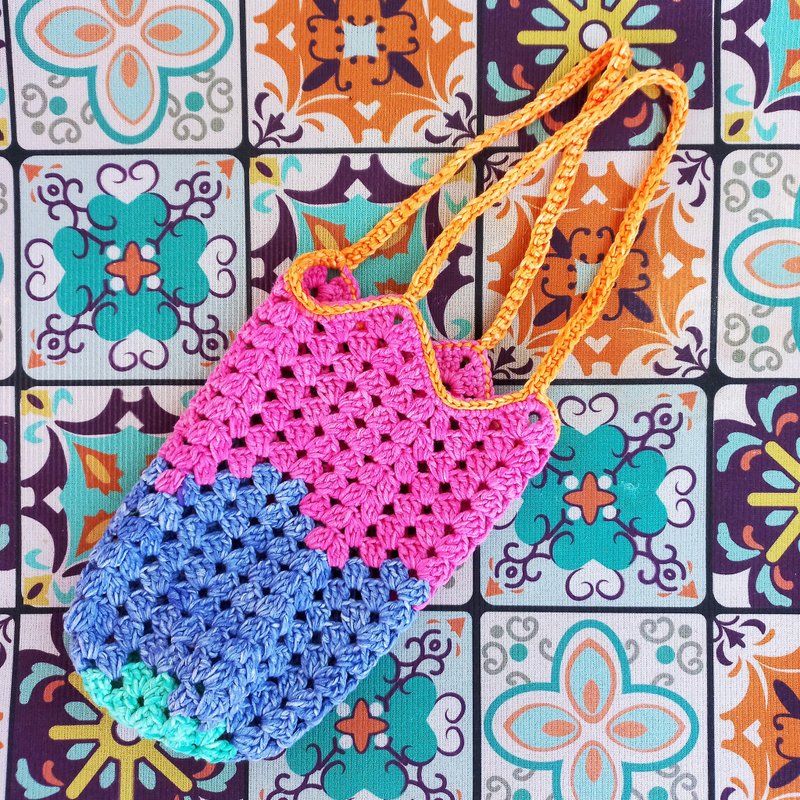 紫彩方底方格编织杯袋 纯棉 杯套 饮料袋 杯袋 水壶袋 - 随行杯提袋/水壶袋 - 棉．麻 紫色