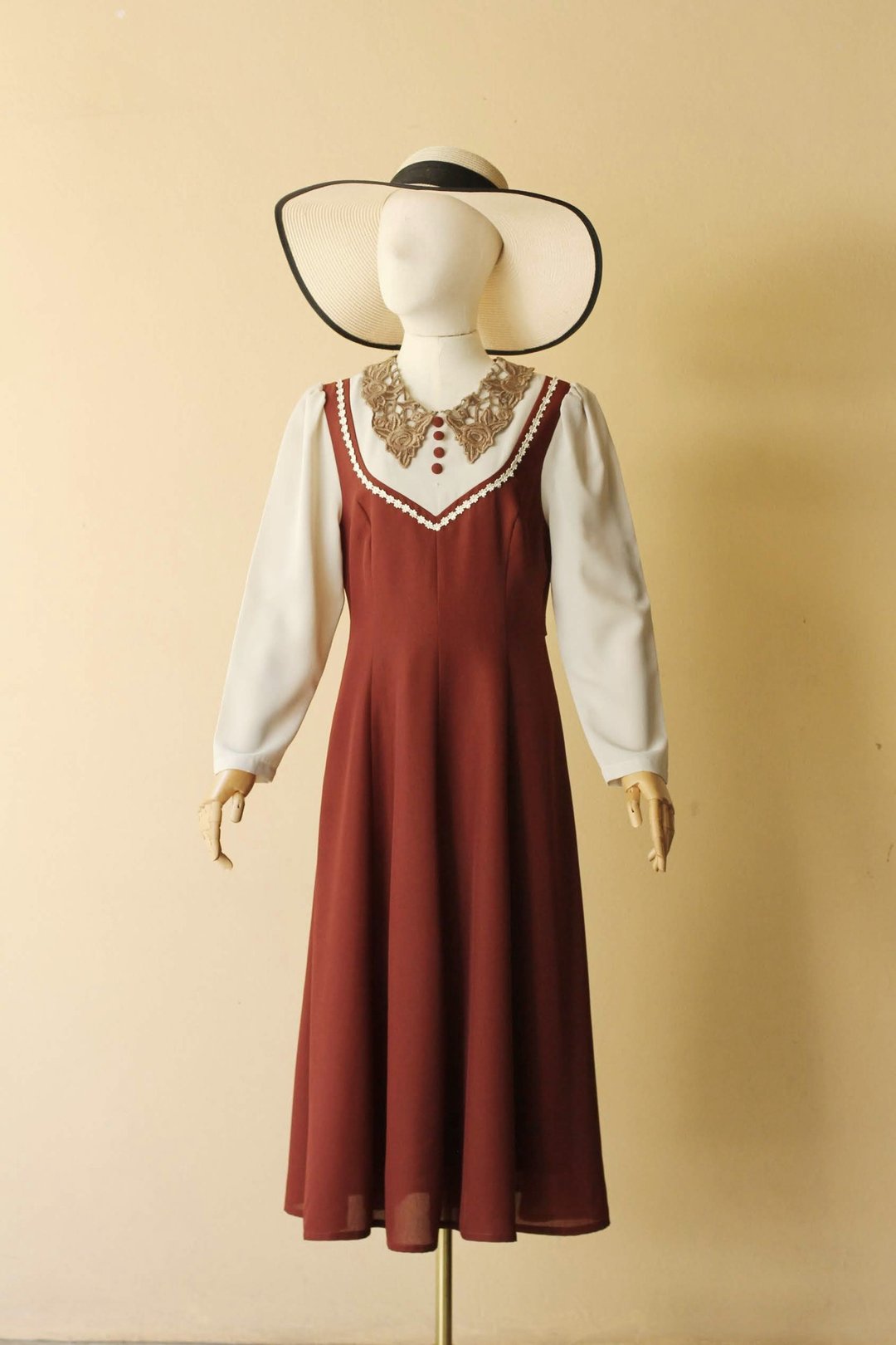 VINTAGE one piece princess dress , brown &amp; khaki , lace collar - 洋装/连衣裙 - 聚酯纤维 咖啡色