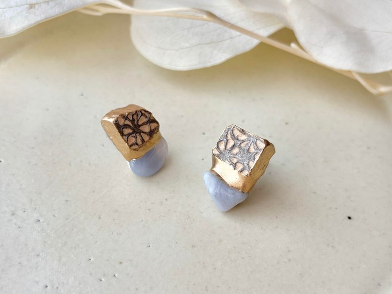 京烧 金继 医疗级不锈钢耳环 花纹 灰色 蓝色蕾丝玛瑙 天然石 传统工艺 No.371 - 耳环/耳夹 - 陶 灰色