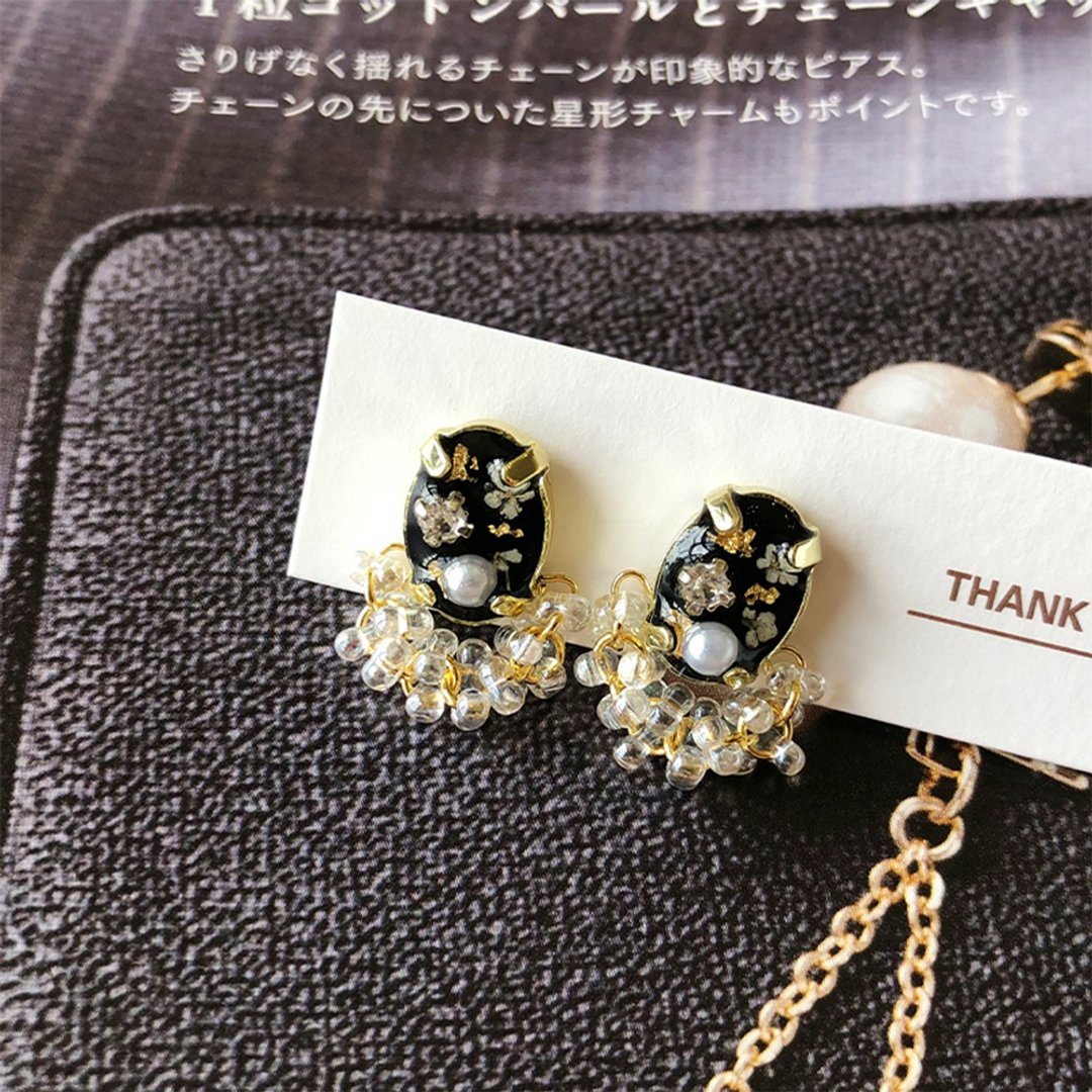 【茜作】干燥花手工定制 小耳钉 耳环 耳夹 耳针 珍珠 小吊坠设计 - 耳环/耳夹 - 植物．花 黑色
