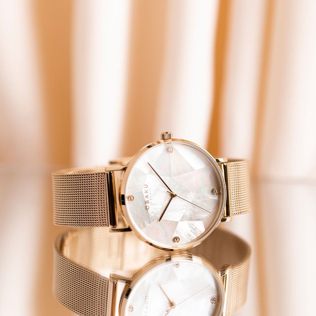 OBAKU 菱形几何晶钻米兰时尚腕表-玫瑰金X白-V268LXVWMV-37mm - 女表 - 不锈钢 多色