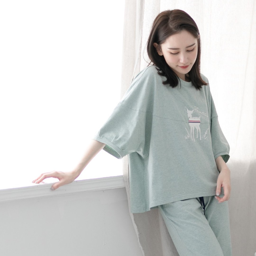 MIT有机棉飞鼠五分袖居家服-麻花绿 - 居家服/睡衣 - 棉 绿色