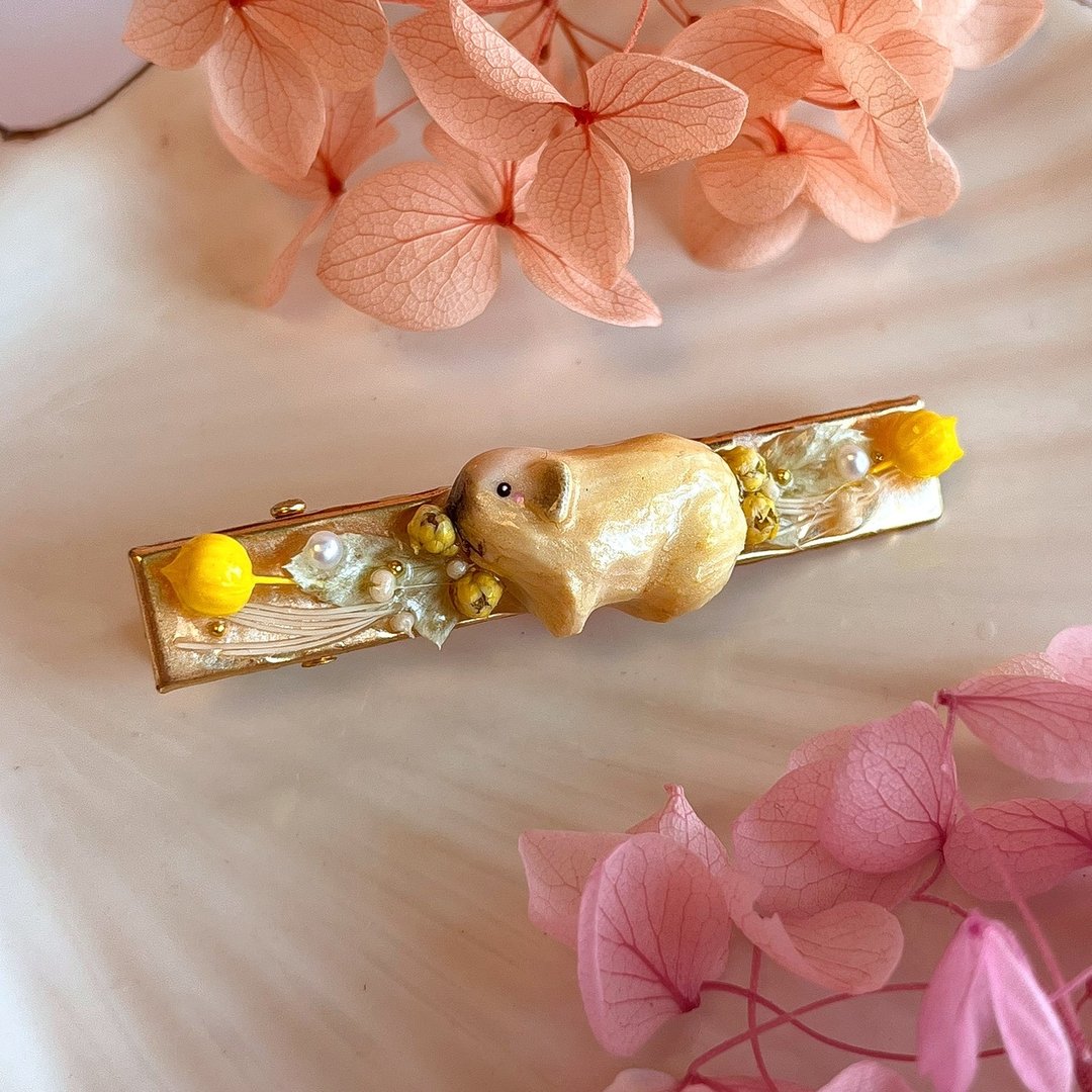 可定制化天竺鼠软陶淡水珍珠永生花发夹 - 发饰 - 陶 