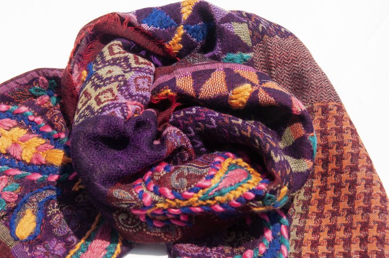 喀什米尔Cashmere/水煮羊毛披肩/针织围巾/刺绣围巾/羊绒披巾-花 - 围巾/披肩 - 羊毛 多色